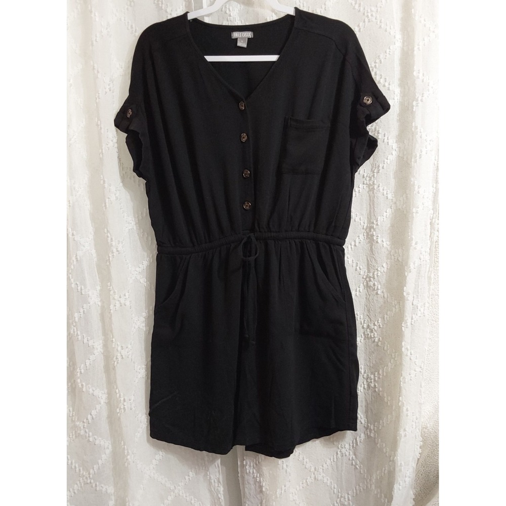 Falls Creek Womens Black Short Sleeve Button Front Elastic Waist Romper Size L